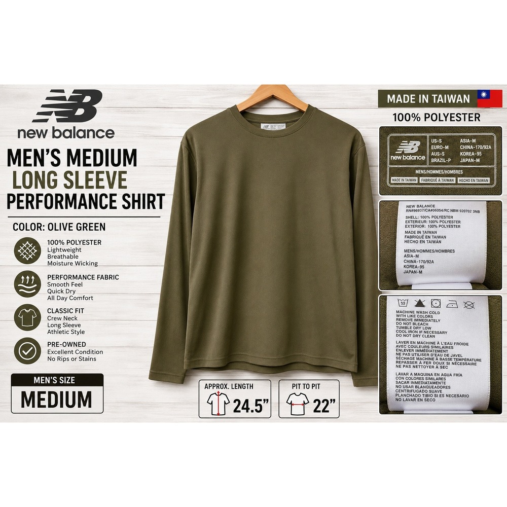 New Balance Mens Medium Long Sleeve Performance Shirt Olive Green Crew Neck M